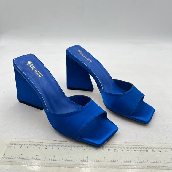 Wansseny Blue Chic Chunky High Heel Slip on Mules Open Square Toe Sandals - Picture 4 of 8